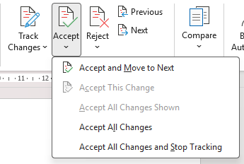 Example track changes accept options in Word